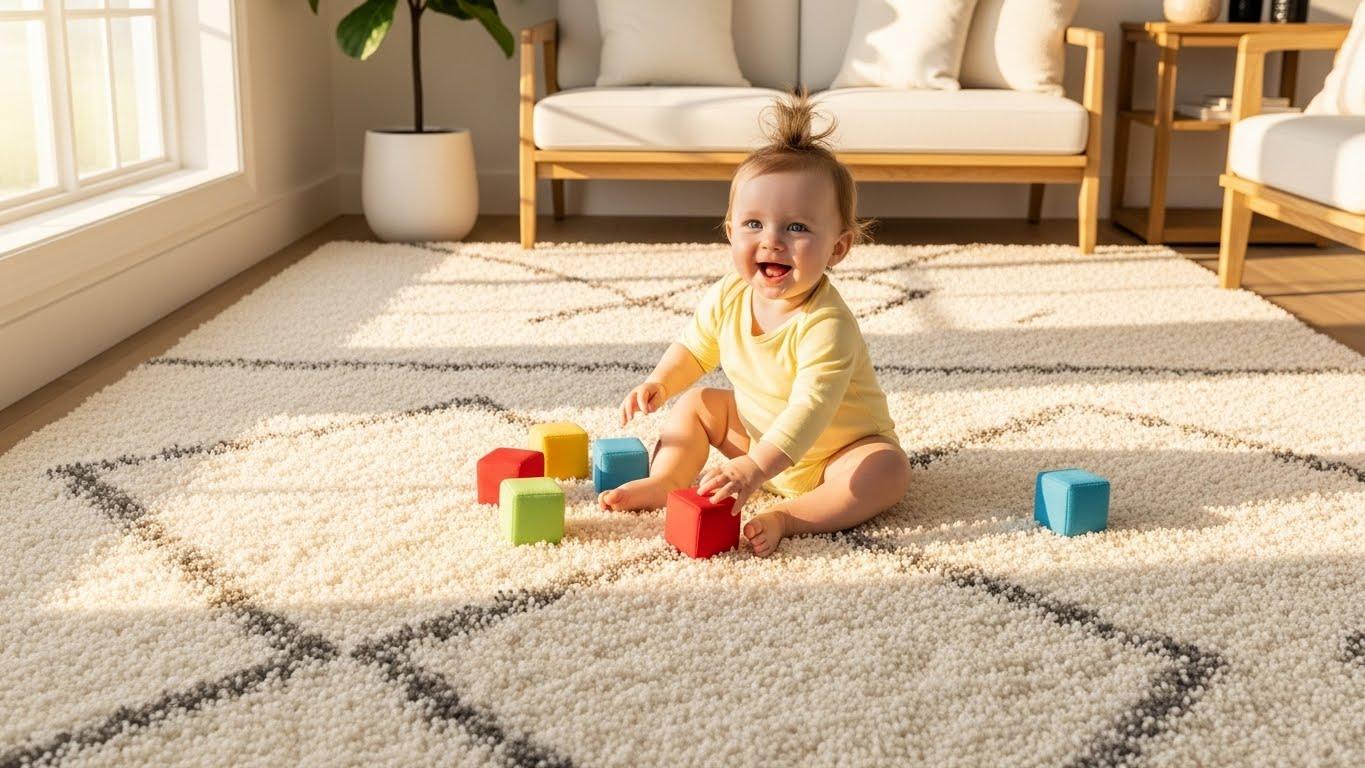 תינוק זוחל על שטיח נקי ובטוח לאחר ניקוי מקצועי
